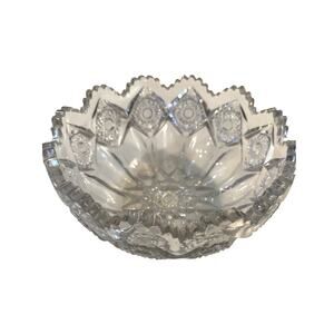 Vintage Cut Glass Crystal Bowl Sawtooth Rim Starburst Pattern Pressed Glass Dish